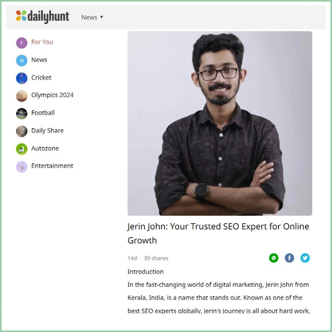 Jerin John seo expert got featured in major news portals like daily hunt and medium